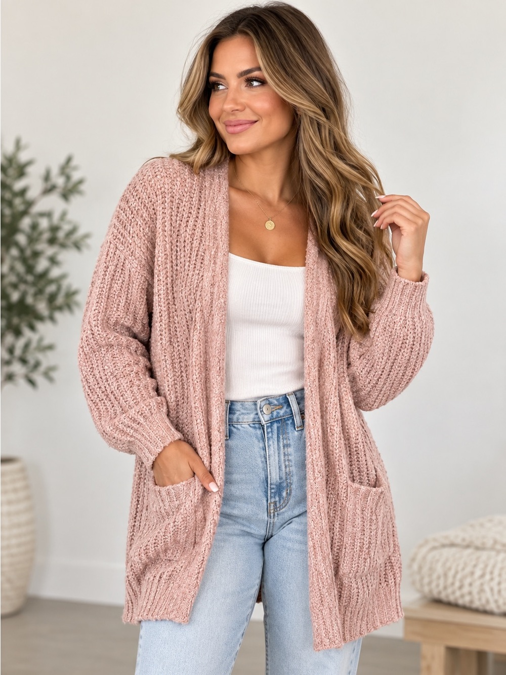 BB Dakota Open-Front Chunky Knit Cardigan - Rose